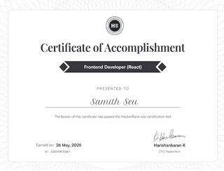 Frontend Developer (React) certificate image